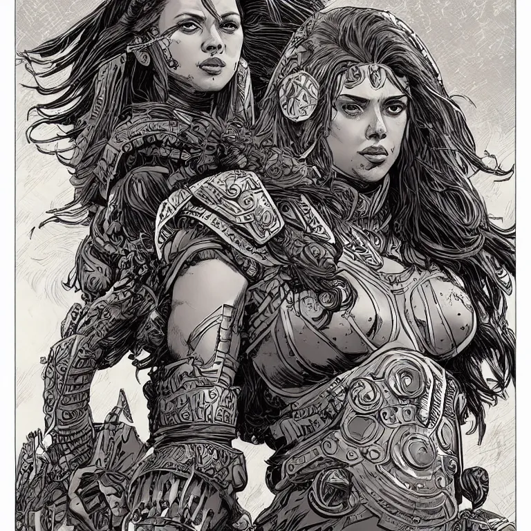 Image similar to scarlett johannson as an amazon warrior, a tall beautiful woman with brown skin and long hair, dressed in hellenistic body armour, intricate, elegant, highly detailed, smooth, sharp focus, detailed face, high contrast, graphic novel, art by laurie greasley