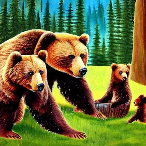Image similar to grizzly bear family chilling in a hot tub, calming, nature, painting, cute, bob ross.