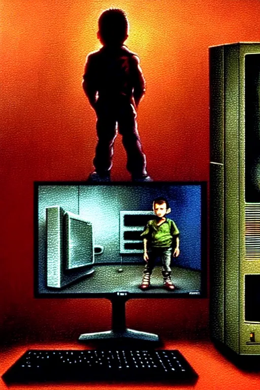 Image similar to realistic detailed color photo of a standing figure of a five years old boy in front of a PC computer monitor in an old dirty soviet apartment . screenshot of the game doom2 on the monitor screen, by and Mark Brooks, Neo-Gothic, gothic, rich deep colors. Beksinski painting, from a movie by David Cronenberg. masterpiece. realistic detailed image. Photographed with Leica Summilux-M 24 mm lens, ISO 100, f/8, Portra 400, kodak film, anamorphic lenses. high quality