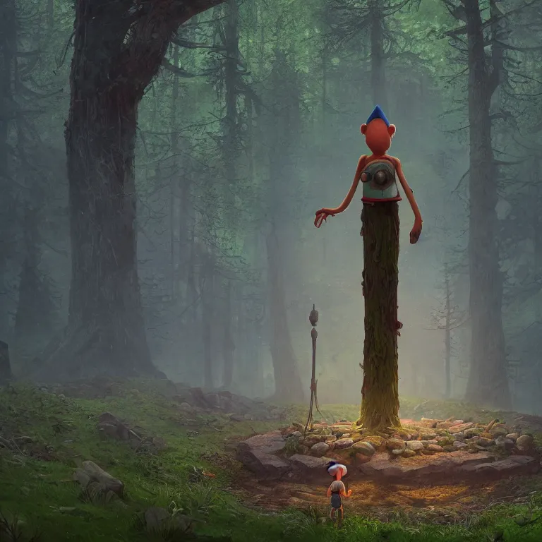 Prompt: a forest gnome standing in front of a circle portal open to another world Detailed digital matte painting in the style of simon stalenhag