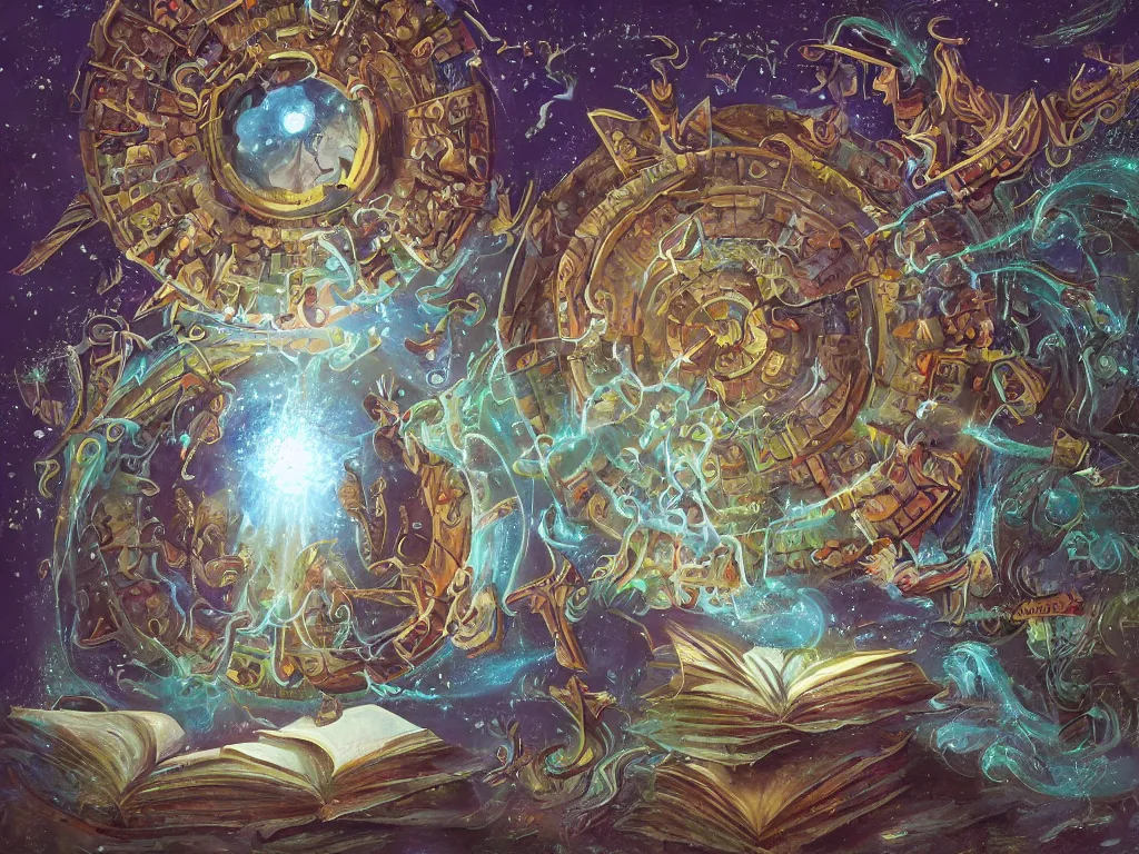 Image similar to detailed painting of a magical book that is a portal to a fantasy realm