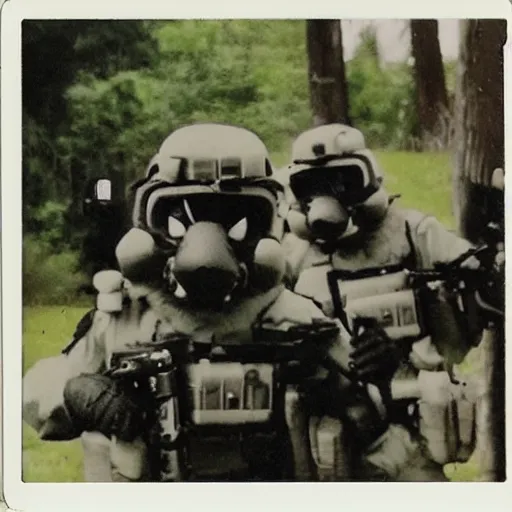 Prompt: Polaroid photo of a SWAT team of fursuiters engaging in a training exercise.