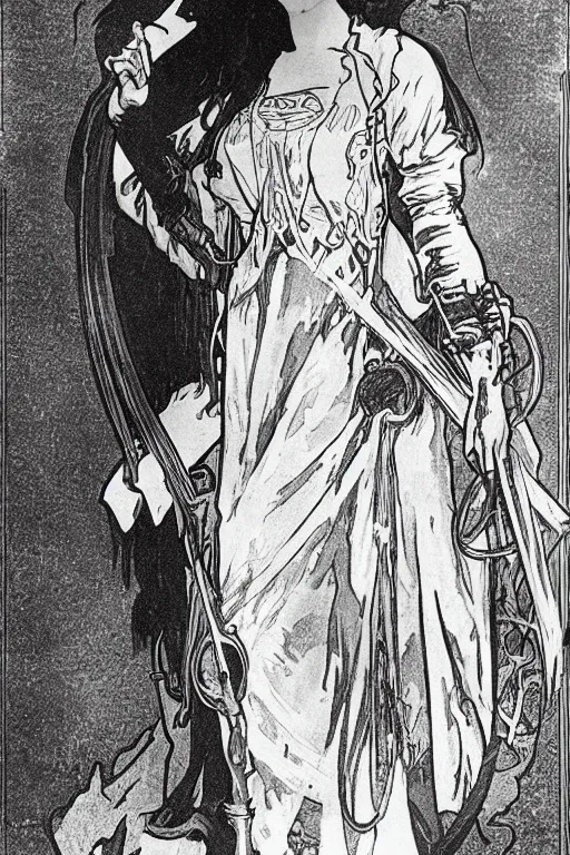 Prompt: portrait of a witch hunter by Alphonse Mucha