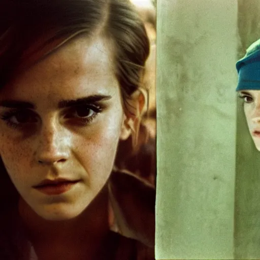 Image similar to film still, extreme far view, emma watson vietnam door gunner, film still from apocalypse now ( 1 9 7 9 ), 2 6 mm, kodak ektachrome, blue tint expired film,