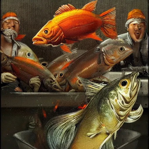 Prompt: surprised fish on a pile of fish in a cooking pot on fire, side view, by juan gimenez, dystopian art, rococo