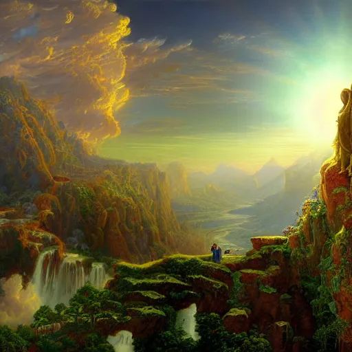 Image similar to realistic detailed view of heaven by terance james bond, russell chatham, greg olsen, thomas cole, james e reynolds, photorealistic, fairytale, art nouveau, white light, gold color, illustration, concept design, storybook layout, story board format