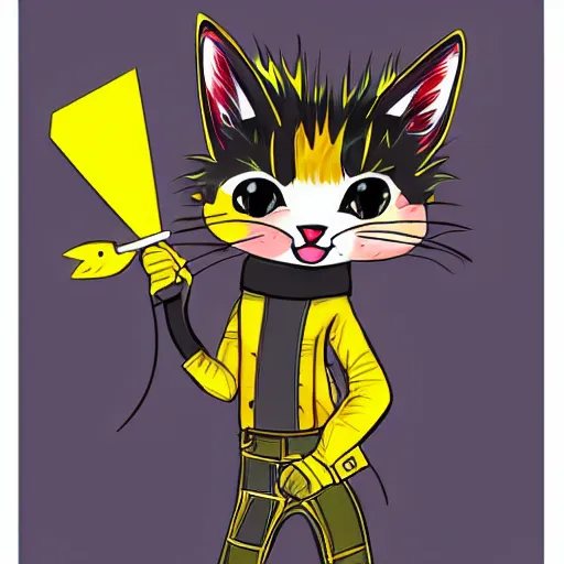 Prompt: a cute cartoon cat with a collar and a yellow mohawk mane, defiant and beautiful, andro, detailed, mechanic punk outfit, digital illustration