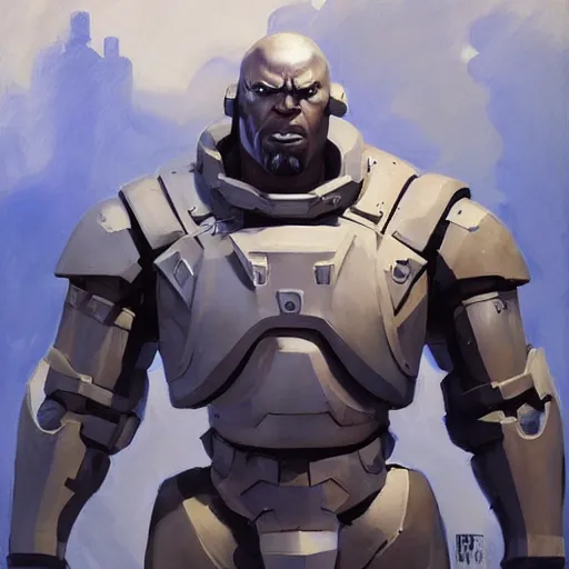 Image similar to greg manchess portrait painting of fully armored bionic the foundation aka dwayne the rock from fortnite as overwatch character, medium shot, asymmetrical, profile picture, organic painting, sunny day, matte painting, bold shapes, hard edges, street art, trending on artstation, by huang guangjian, gil elvgren, ruan jia, greg rutkowski, gaston bussiere