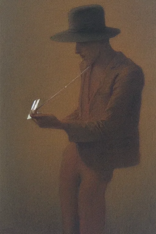 Prompt: a smooth guy with a fedora and a switch blade, good at cards, plays music, gambles like no one, a painting by beksinski