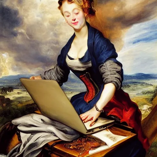 Image similar to heavenly summer sharp land sphere scallop well dressed lady working on her laptop auslese, by peter paul rubens and eugene delacroix and karol bak, hyperrealism, digital illustration, fauvist