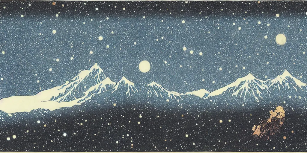 Image similar to stunning cold mountain landscape with sky full of galaxies by takato yamamoto