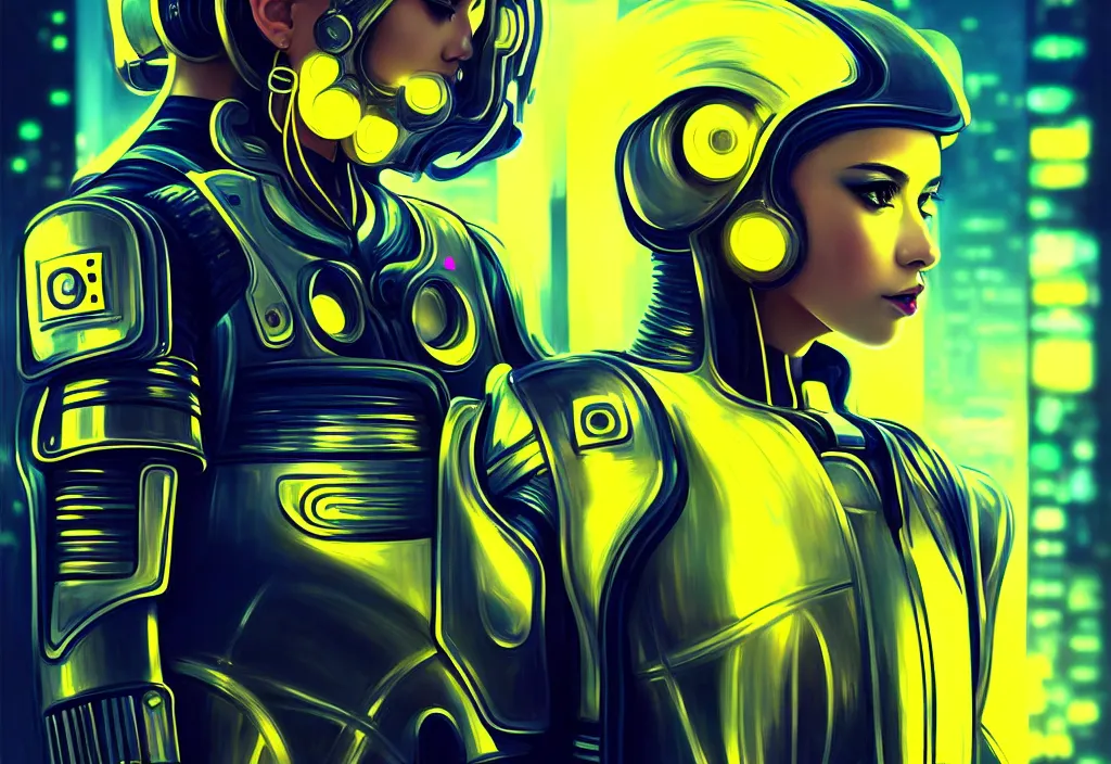 Prompt: portrait futuristic armor ploice girl, metallic black and little yellow color uniform, at cyberpunk lights shibuya japan reflected night, ssci - fi, neon light and fantasy, intricate and beautiful, highly detailed, cyber concept art, digital painitng, artstation, smooth and sharp focus, illustration, art by tian zi and wlop and alphonse mucha