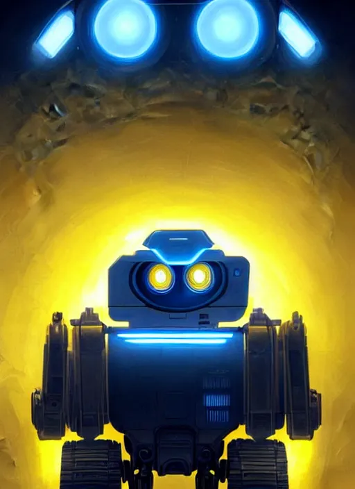 Image similar to symmetry!! portrait of wall - e, sci - fi, tech wear, blue and yellow glowing lights!! intricate, elegant, highly detailed, digital painting, artstation, concept art, smooth, sharp focus, illustration, art by artgerm and greg rutkowski and alphonse mucha