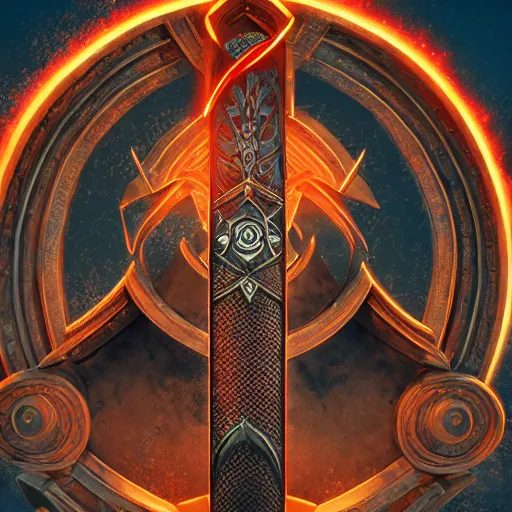 Image similar to symmetrical game sigil of giant medieval swords crossed, red powerful fantasy epic legends, game icon stylized, digital illustration radiating, a glowing aura, global illumination, ray tracing, 8 k high definition, intricate details, octane render, unreal engine, trending on arstation