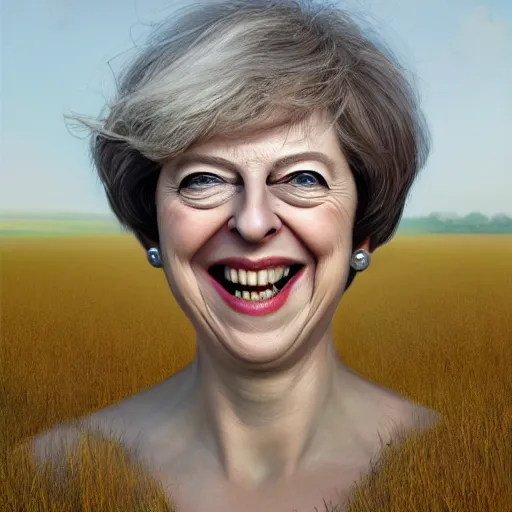 Prompt: highly detailed close up portrait of a laughing Theresa May ((Theresa May)) by Ruan Jia and Mandy Jurgens and Artgerm and William-Adolphe Bouguerea, 4k resolution, misty happy color scheme!!! ((field of wheat background))