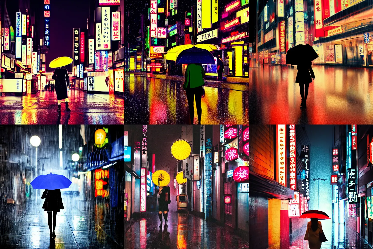 Prompt: a woman holding an umbrella, walking down the streets of tokyo, with neon signs, while it's raining. cinematic lighting, digital art. award winning