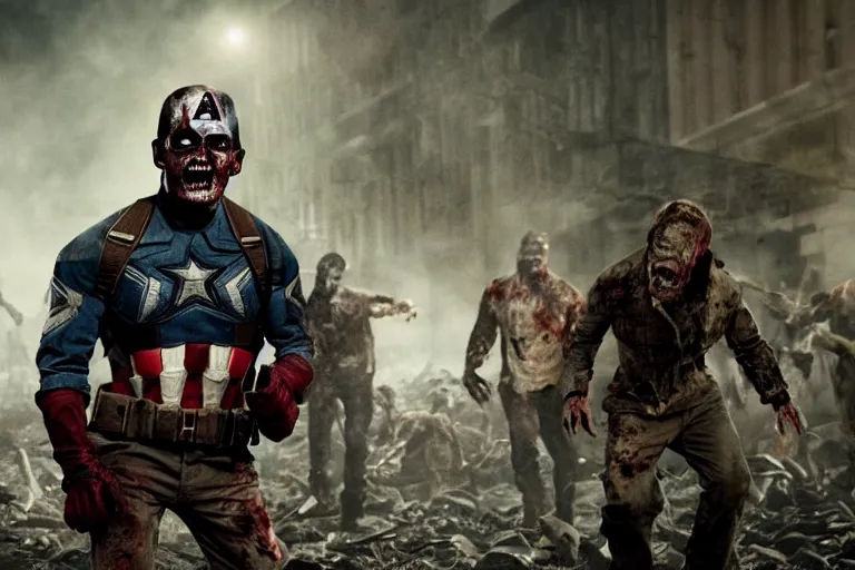 Image similar to film still of zombie zombie Captain America as a zombie in new avengers movie, 4k