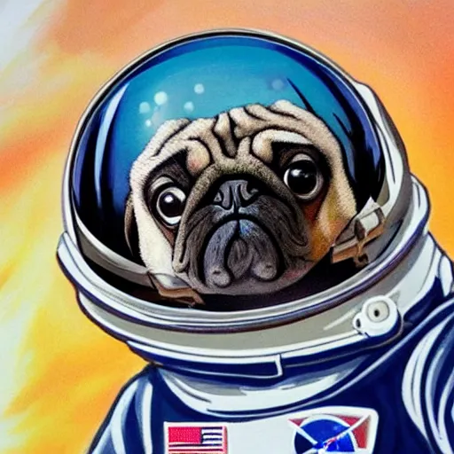 Image similar to hyper realistic, highly detailed, astronaut pug in space.