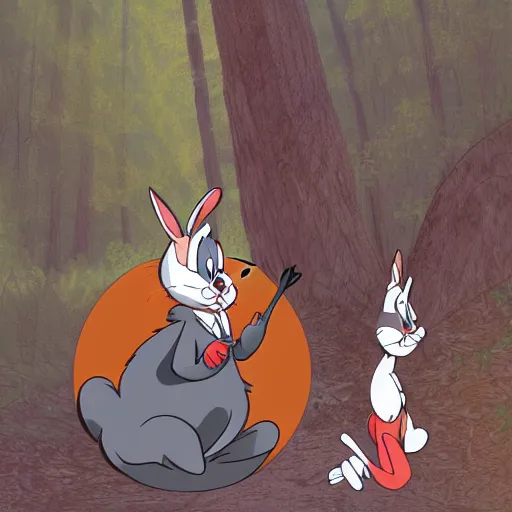 Image similar to bugs bunny being stalked and eaten by a mountain lion, digital art, 4k