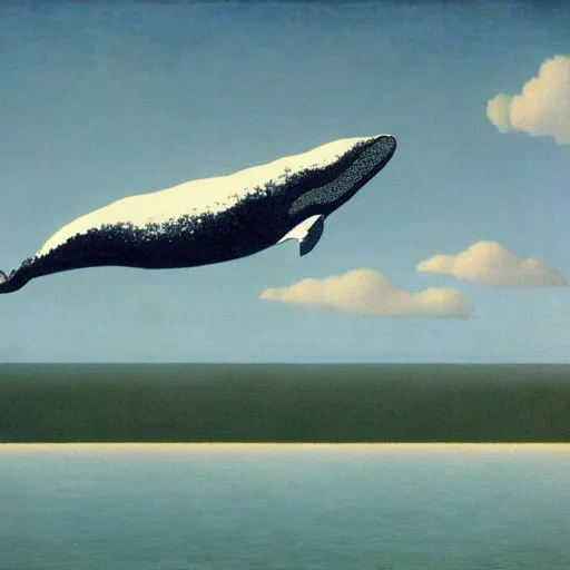 Prompt: whale flying over a boat by René Magritte, detailed, 4k