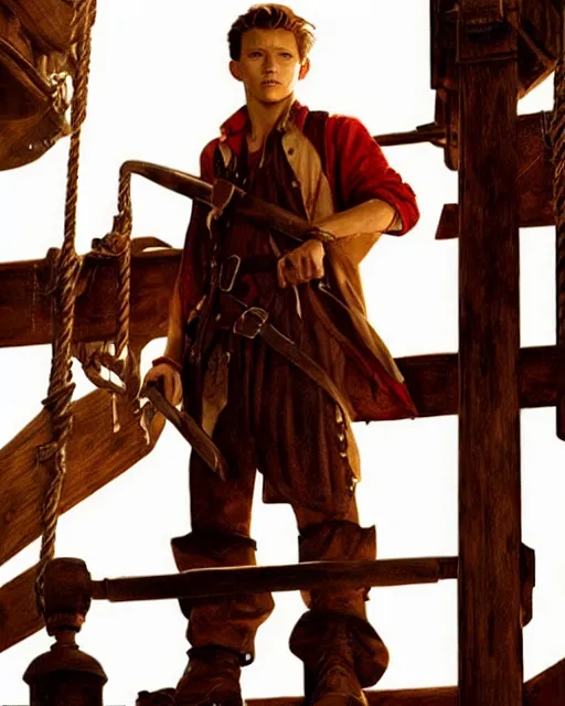 Prompt: film still of tom holland as a pirate, standing on the mast, realistic shaded lighting poster by greg rutkowski, cinematic lighting, sharp focus, highly detailed attributes and atmosphere