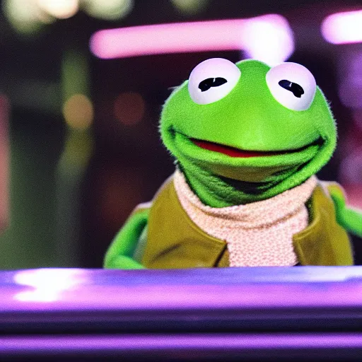 Image similar to a still of kermit the frog, from blade runner 2 0 4 9