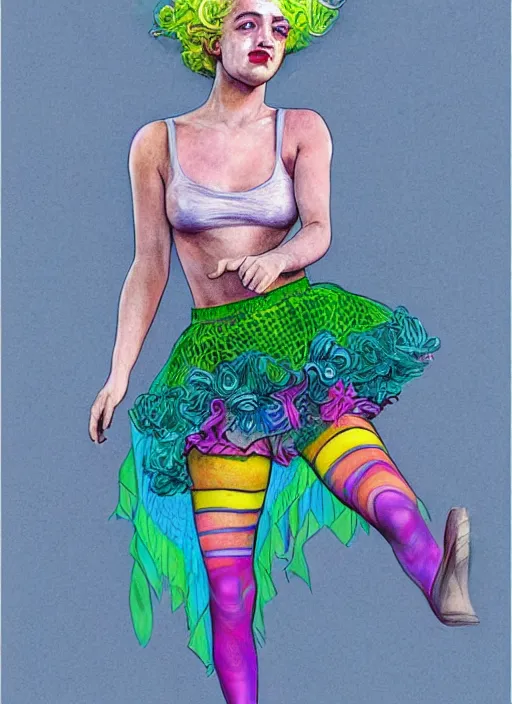 Image similar to surrealism psychedelic full body portrait sketch of julia garner as delirium of the endless in fishnet top and rainbow tutu skirt from the sandman, floating goldfish, green and blue eye heterochromia by alex ross, josh kirby, detailed, elegant, intricate