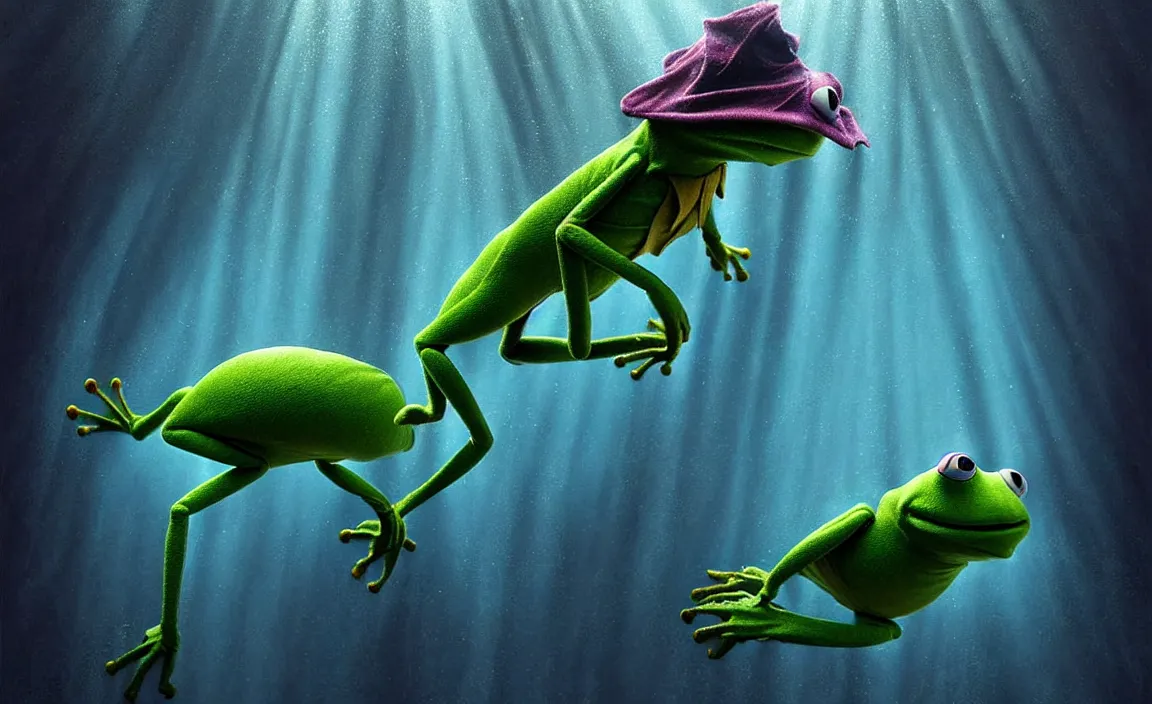 Prompt: epic professional digital art of kermit the frog underwater, faint blue moody atmospheric lighting, underwater octopod life, painted, intricate, detailed, foreboding, by leesha hannigan, wayne haag, reyna rochin, ignacio fernandez rios, mark ryden, iris van herpen,, epic, stunning, gorgeous, much wow, cinematic, masterpiece.