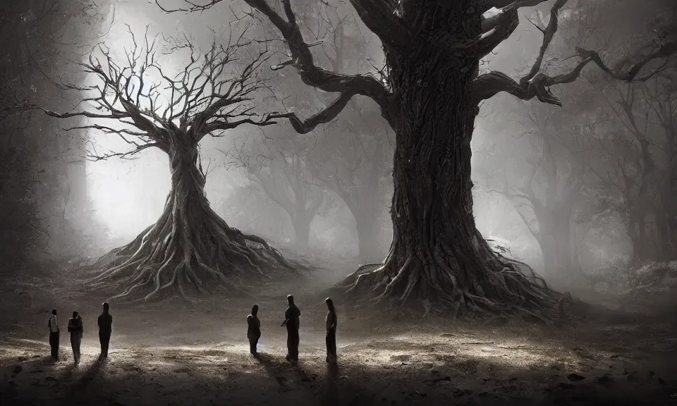 Prompt: CCTV footage a tree in the future, humanoid entities surrounding it holding hands, historical artistic depiction, trending on artstation, digital art, by Greg Rutkowski and Ansel Adams