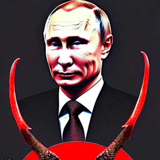 Prompt: portrait of vladimir putin in the image of the devil, with detailed goat horns, red skin and a frightened face his legs are like those of a goat