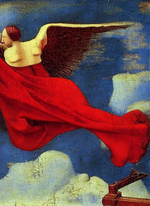 Image similar to Flying Fallen Angel with wings dressed in red, Medieval painting by Jan van Eyck, Johannes Vermeer, Florence