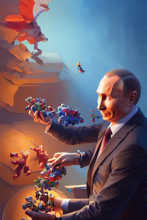 Prompt: a highly detailed beautiful portrait of Vladimir Putin playing with toys, highly detailed, 2d game fanart behance hd by Jesper Ejsing, by RHADS, Makoto Shinkaih and Lois van baarle, ilya kuvshinov, rossdraws global illumination, cinematic, hyper-realistic, depth of field, coherent, high definition, 8k resolution octane renderer, artstation