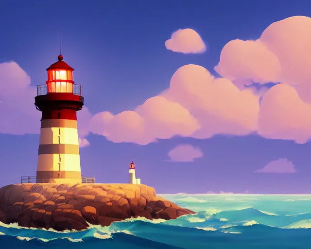 Image similar to painting of lighthouse in the sea by goro fujita, makoto shinkai, simon stalenhag, cinematic shot, exquisite lighting, clear focus, brush stroke, plain background, soft painting