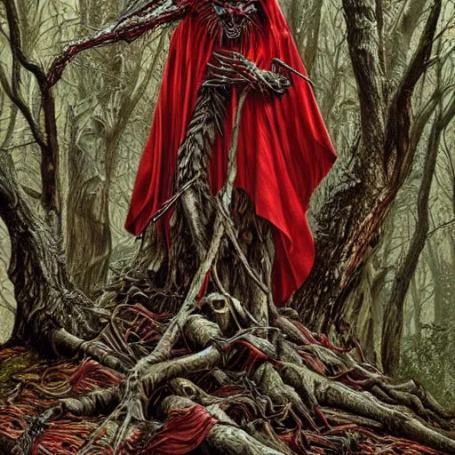 Image similar to little red riding hood as a complex robotic monster, cyborg arms wrapped around trees, dark scary woods, illustrative style, intricately detailed, Artwork by Ted Nasmith