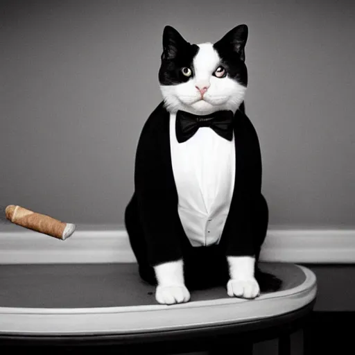 Prompt: a very fat and judgmental cat wearing a full tuxedo, smoking a cigar, sitting in a dimly lit parlor lounge, photograph!