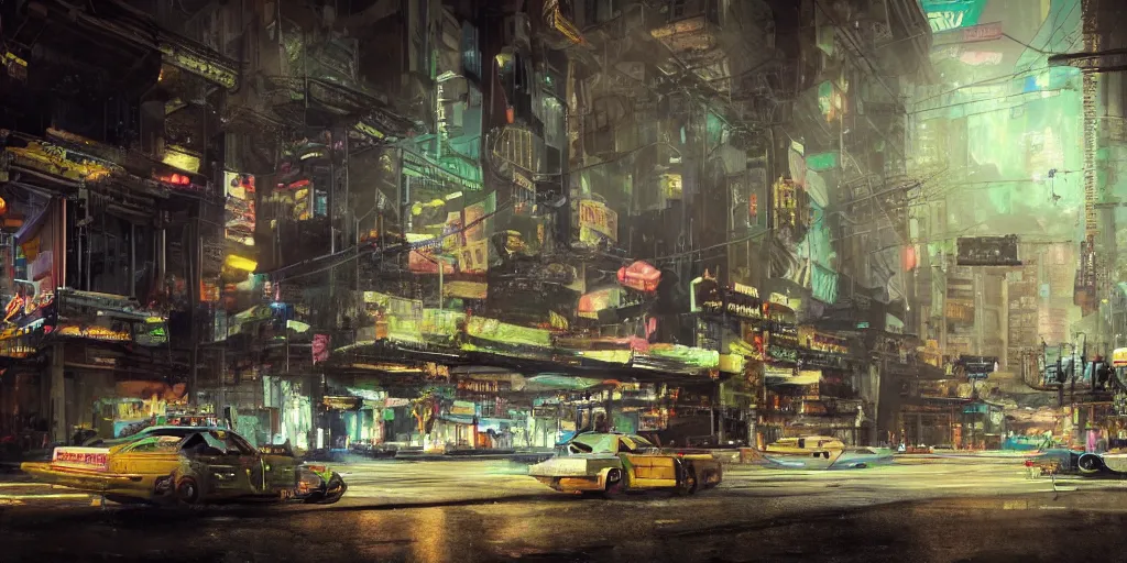 Image similar to a guatemalan solitary cyberpunk city, abandoned with neon ads and signs with evocative dramatic mood with blade runner vibe with cars and floating vehicles with motion blur with depth of field with bloom with lightshaft with volumetric lights and ads, fog, by jeremy mann oscar winning graphics, photo realistic, bloom, imax, dynamic lighting, artstation,