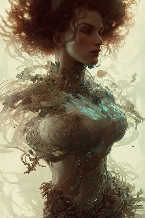 Image similar to A full portrait of a scifi nordic dryad, intricate, elegant, highly detailed, digital painting, artstation, concept art, smooth, sharp focus, illustration, art by Krenz Cushart and Artem Demura and alphonse mucha