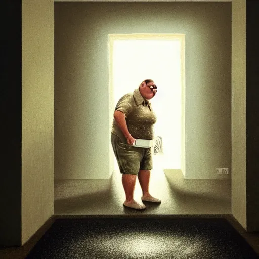 Image similar to high quality high detail painting by john salt, realistic peter griffin from family guy standing in a basement with concrete floor. light ray from a blurry window, floating dust, motion blur, gloomy, stippled walls, cinematic shot, epic, realistic, 4 k, perfectly defined features