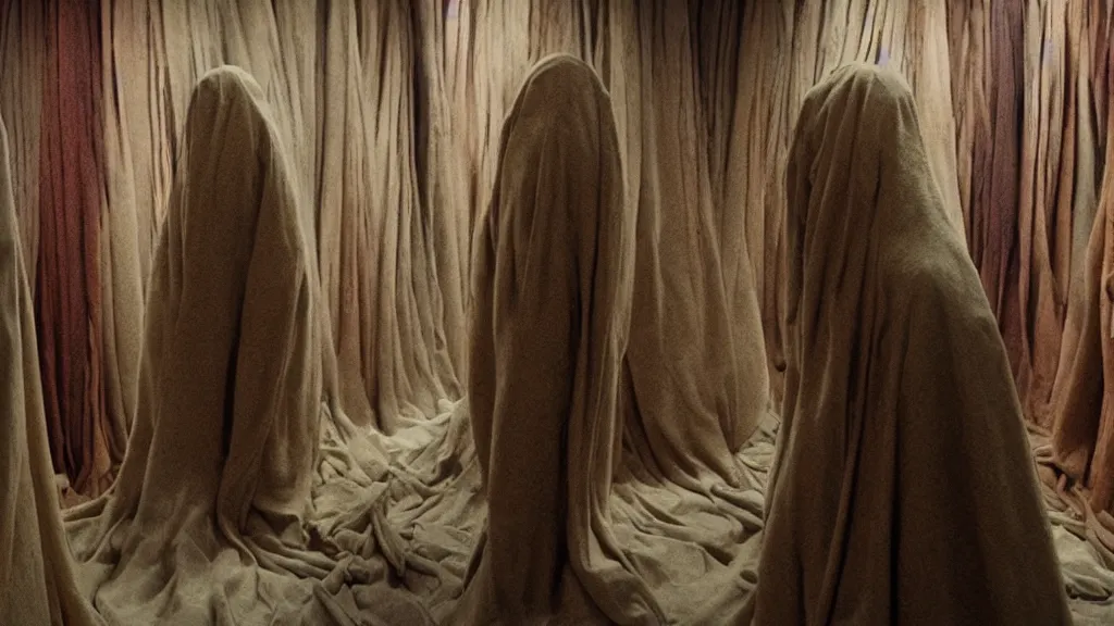 Prompt: a strange creature made of decadent cloths lurks inside a fabric store, film still from the movie directed by Denis Villeneuve with art direction by Zdzisław Beksiński, wide lens