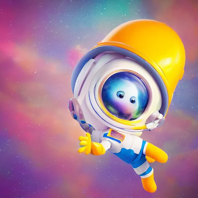 Image similar to a cute astronaut, pixar animation style, soft colors, by jeff koons, by lisa frank, octane render, by takashi murakami, colorful, spectral color, 5 d, ultra - hd, happy, good, mini, volumetric lighting