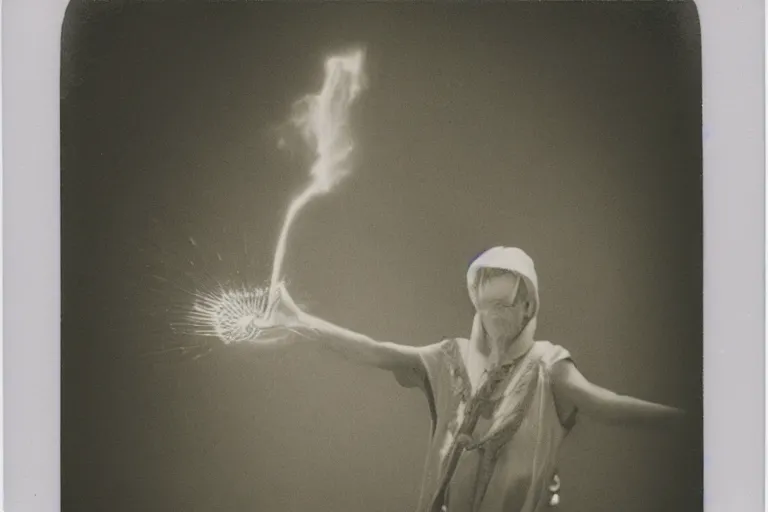 Image similar to old polaroid of a mage casting a spell, wide angle, full body