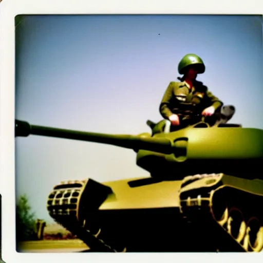 Image similar to polaroid photo of a person looking like donald trump as a soldier in vietnam, riding tank
