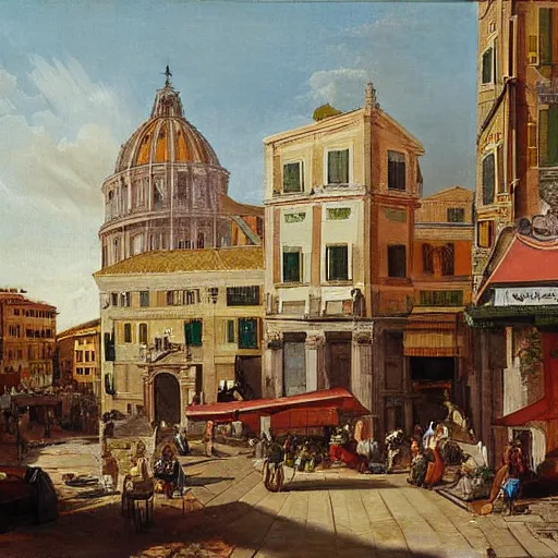 Prompt: the view of a cafe breakfast, buildings in rome by martinus rørbye