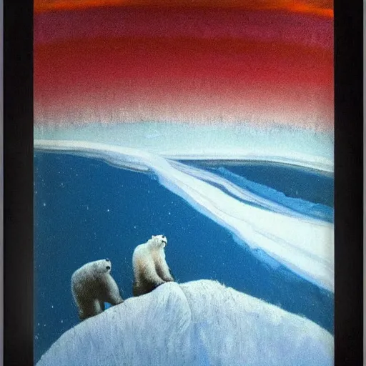 Image similar to the epic abstract painting'blue arctic void with black and red aurora borealis above a tiny polar bear family ', by caspar david friedrich!!!, by rothko!!!, stunning masterpiece, trending on artstation