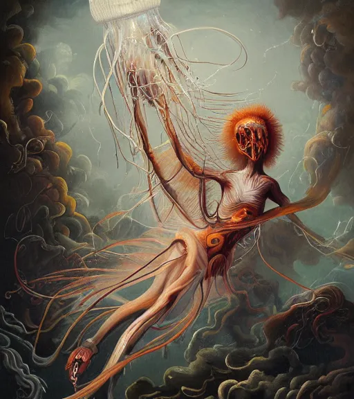 Prompt: an anatomical oil painting of a Jellyfish Harpy from a medical journal by Peter Mohrbacher and Nychos, highly detailed, high detail, 8k, storm clouds, birds, dramatic lighting