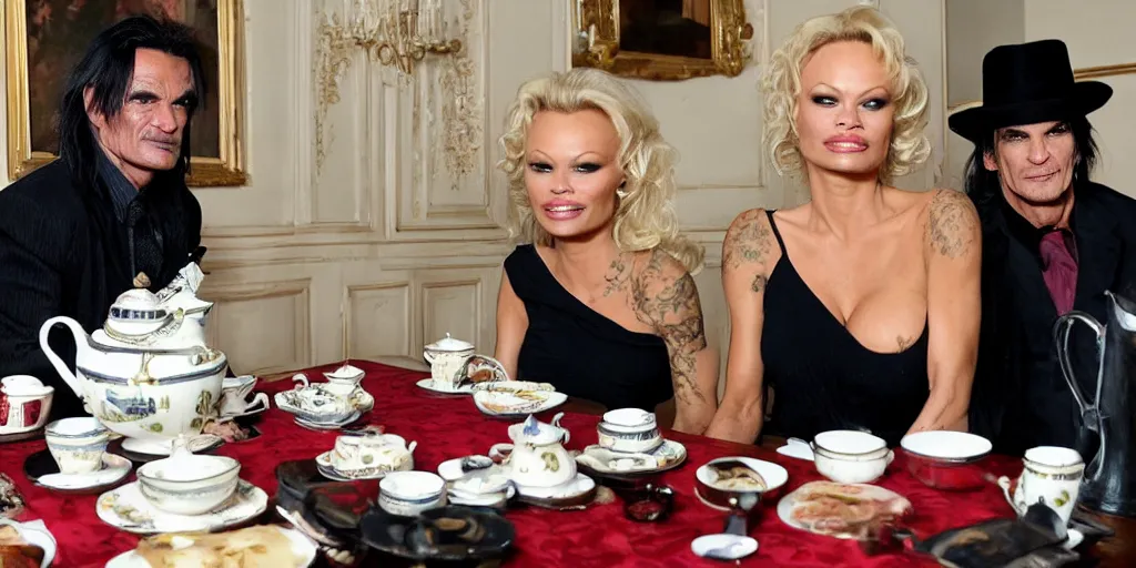 Image similar to pamela anderson and tommy lee having tea with the queen of england 4 k