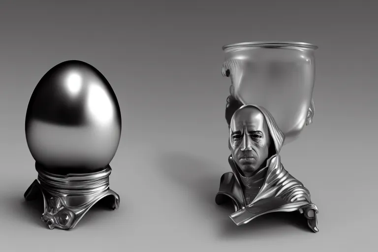 Image similar to silver egg cup, vin diesel head in egg cup, hyper detailed, digital art, artstation, cinematic lighting, studio quality, smooth render, by hajime sorayama, boris vallejo, craig mullins, artgerm, caravaggio