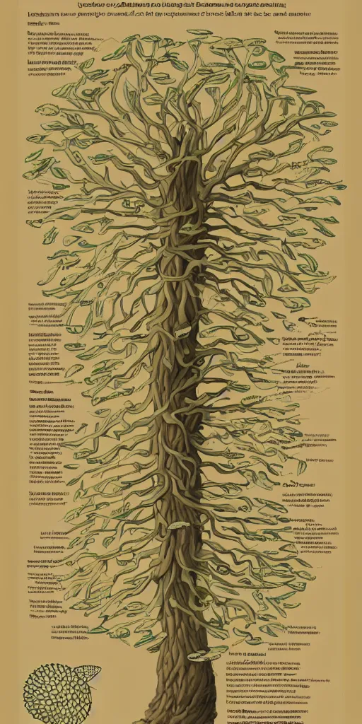 Prompt: detailed infographic by john howe of a giant beautiful diatom tree