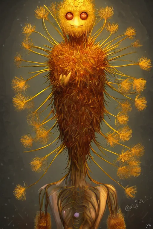 Prompt: a humanoid figure dandelion plant monster, amber eyes, highly detailed, digital art, sharp focus, ambient lighting, glowing, full body, trending on art station, anime art style