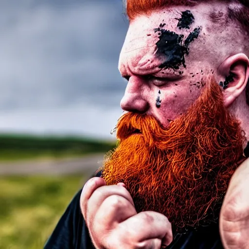 Prompt: man with red beard smoking, metal album cover